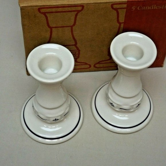 Longaberger Pottery Woven Traditions Classic Blue  5" Candlesticks New in Box - Picture 4 of 8